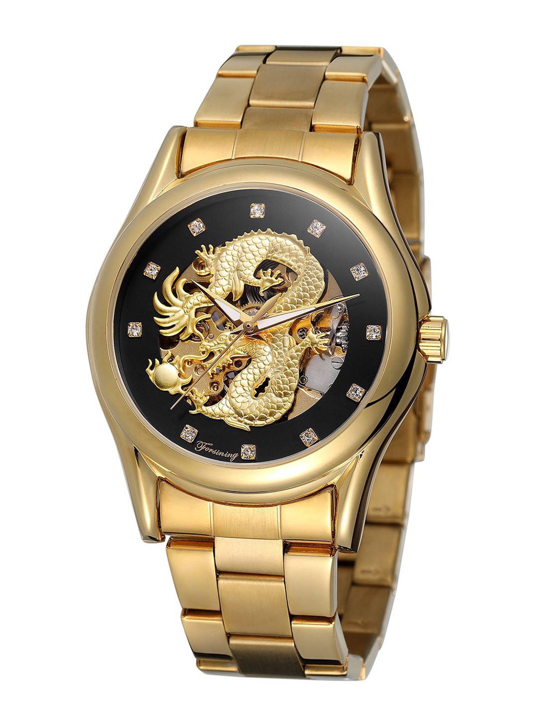 FORSINING Men Dragon Pattern Watch with Stainless Steel Strap Skeleton Dial