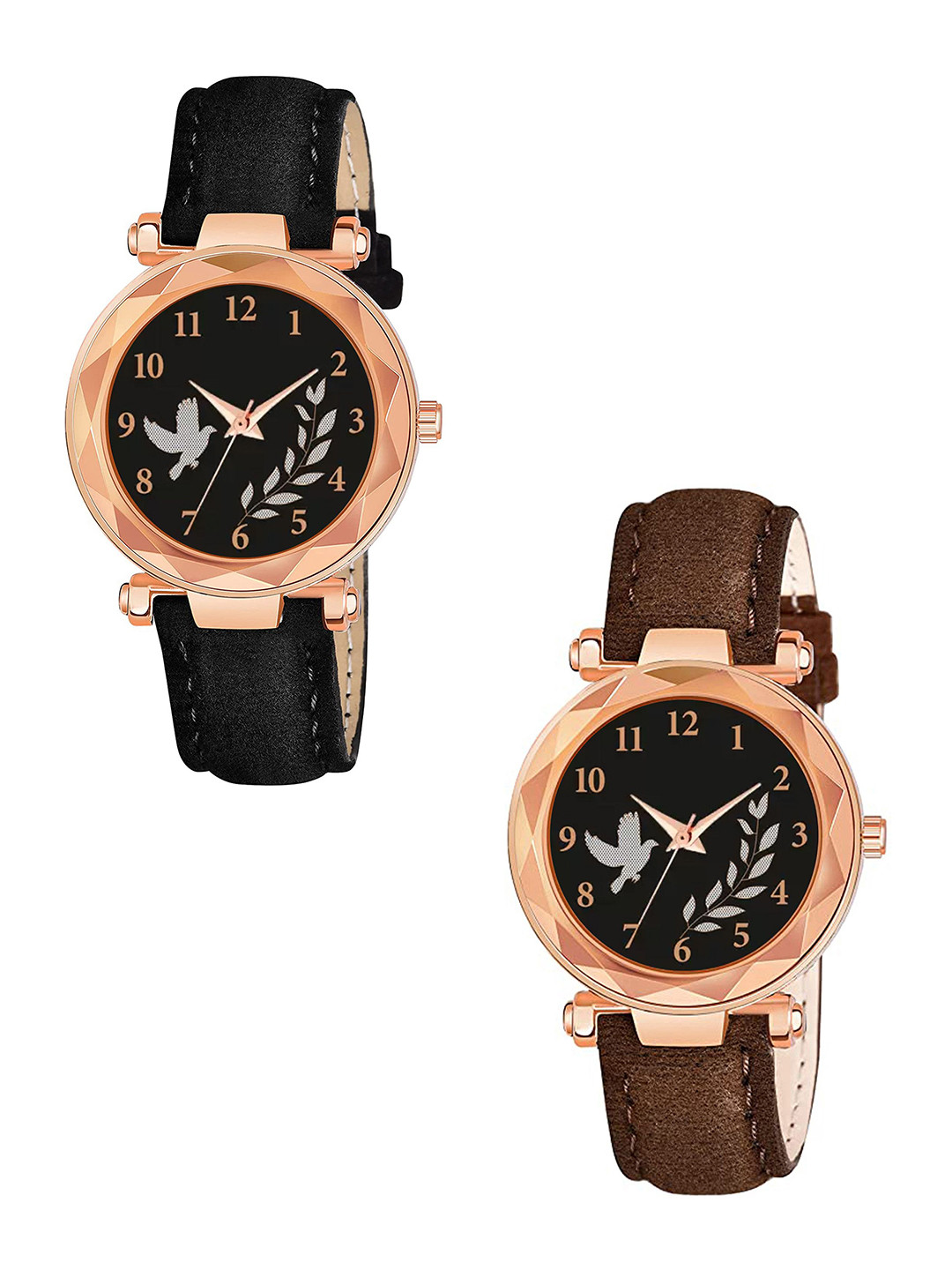 Gopal Shopcart Unisex Pack Of 2 Textured Straps Analogue Watch GR379RG BIRD BLK BRO Vel L
