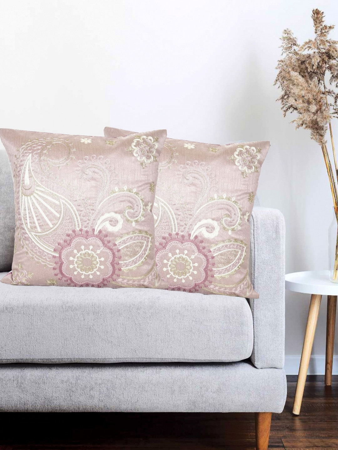 Vinayaka Fab Pink & Cream Colored 2 Piece Floral Embroidered Cotton Square Cushion Covers