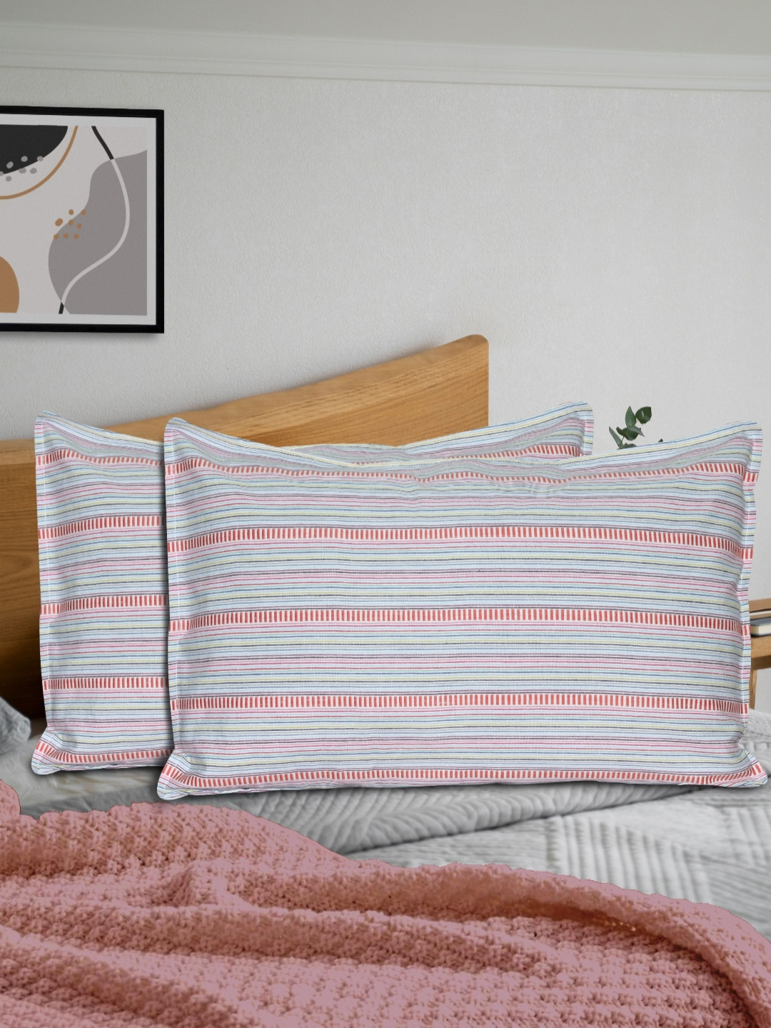 HOME COLORS.IN White & Pink 2 Pieces Striped Pure Cotton Rectangle Pillow Covers