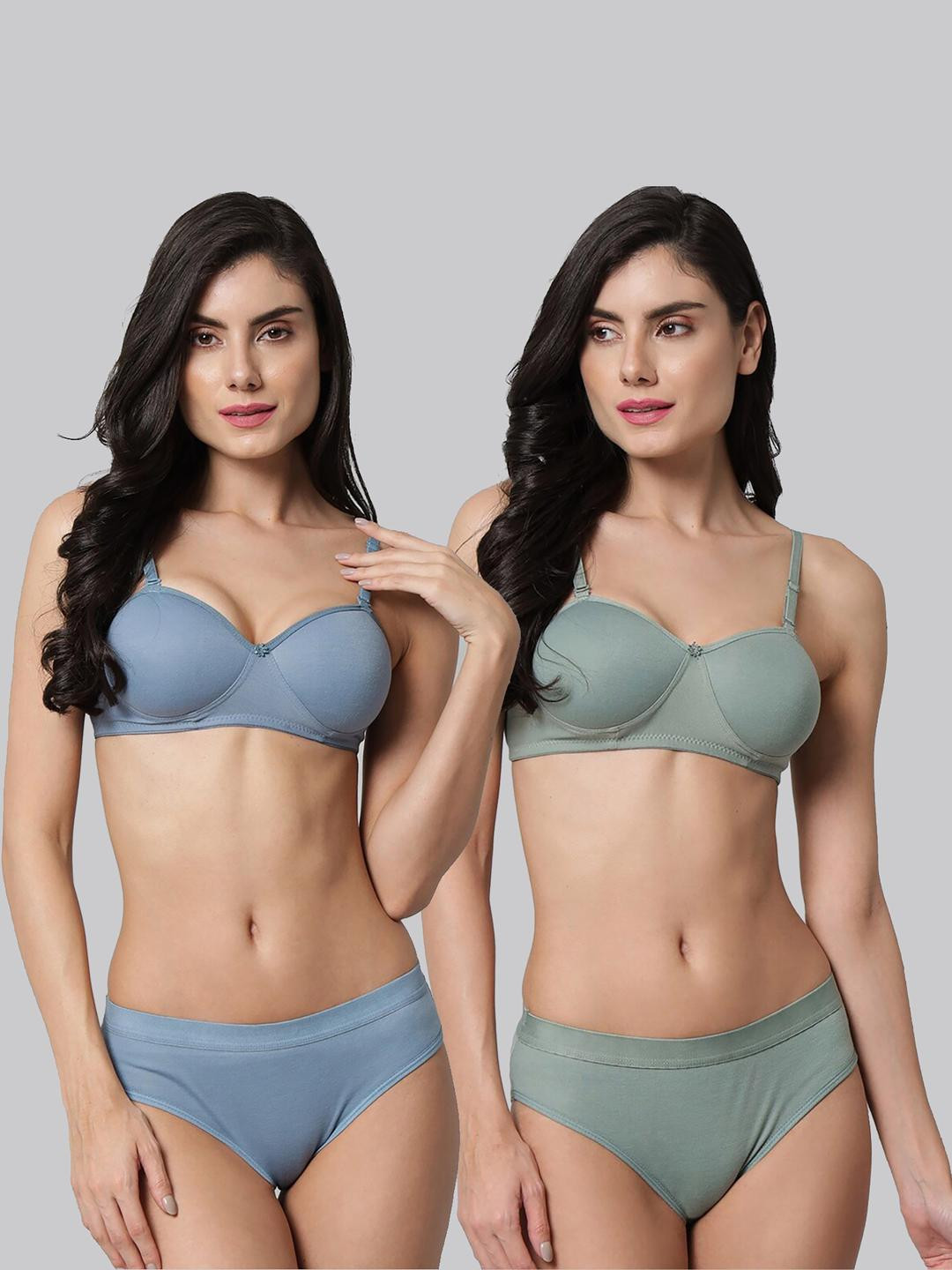 Women Light Blue,Green Cotton Bra Panty Set for Lingerie Set Undergarments Pack of 2