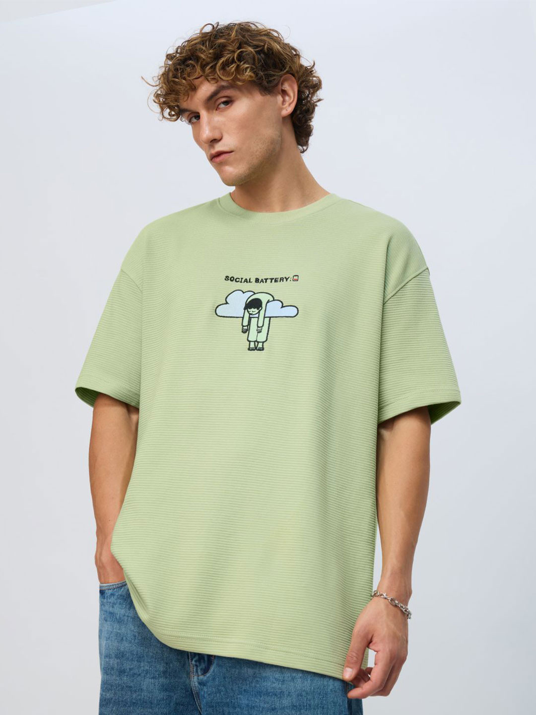 The Souled Store Oversized Ottoman Social Battery Graphic Printed Pure Cotton T-Shirt