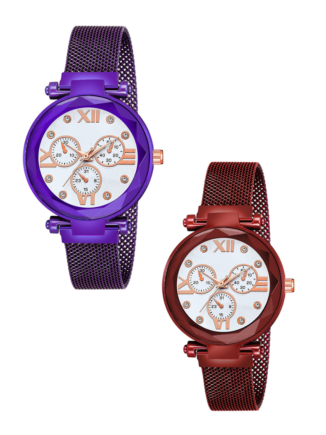 Gopal Shopcart Set Of 2 Women Patterned Analogue Watch Mina White Dial Purple Red