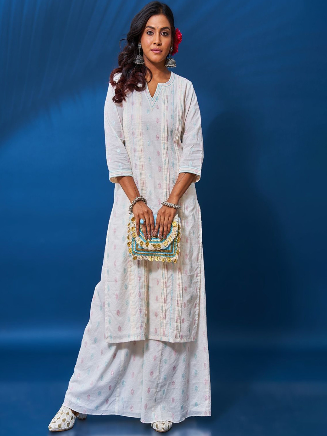 Tanoti Geometric Printed Pure Cotton Notch Neck Straight Kurta With Palazzos & Dupatta