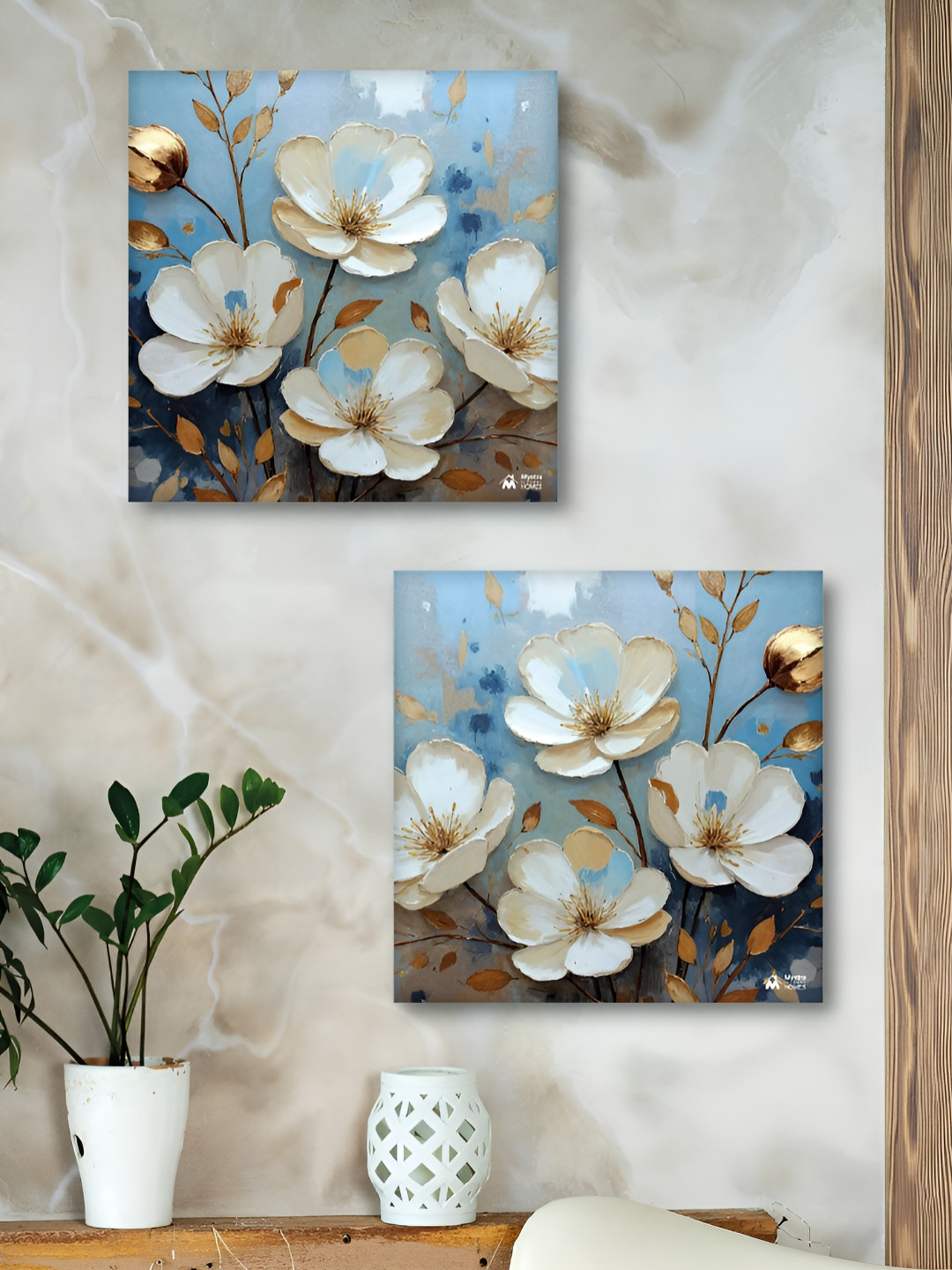 Myntra Elegant Homes Premium Painting Off White & Blue 2 Pieces Floral Canvas Wall Arts