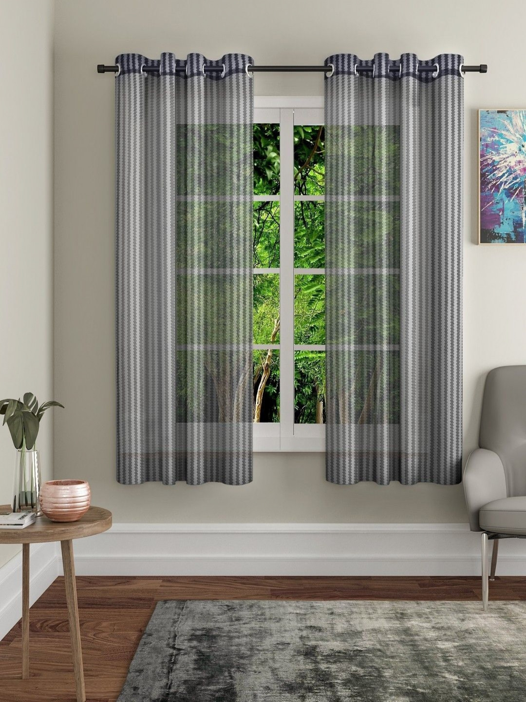 BELLA TRUE Black & Grey 2 Pieces Striped Eyelet Fitted Sheer Window Curtains
