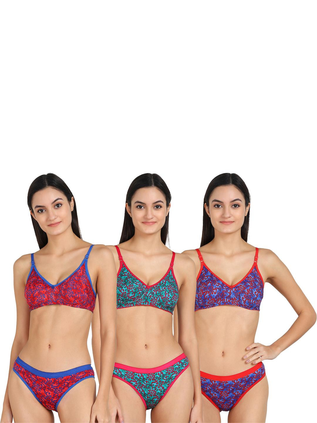 Women Red,Blue,Green Cotton Bra Panty Set for Lingerie Set Undergarments Pack of 3