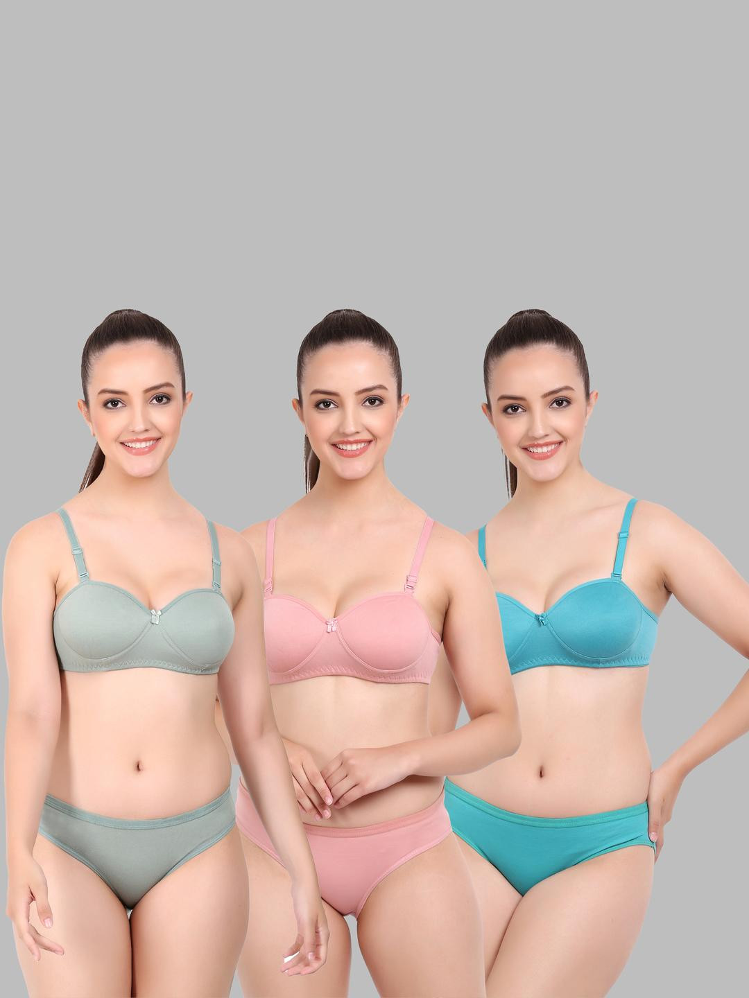 Women Green,Pink,Dark Blue Cotton Bra Panty Set for Lingerie Set Undergarments Pack of 3
