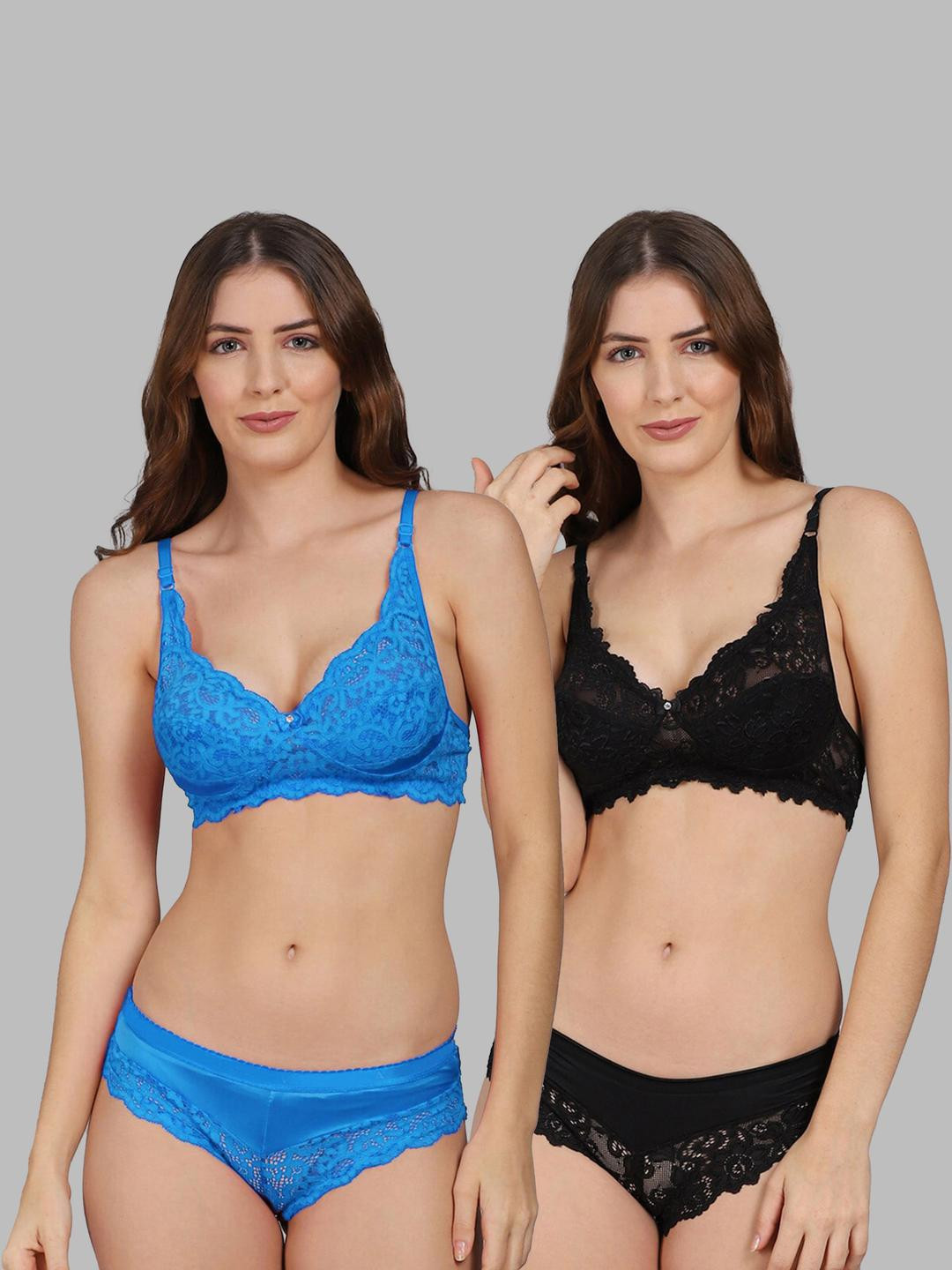 Women Blue,Black Net Bra Panty Set for Lingerie Set Undergarments Pack of 2