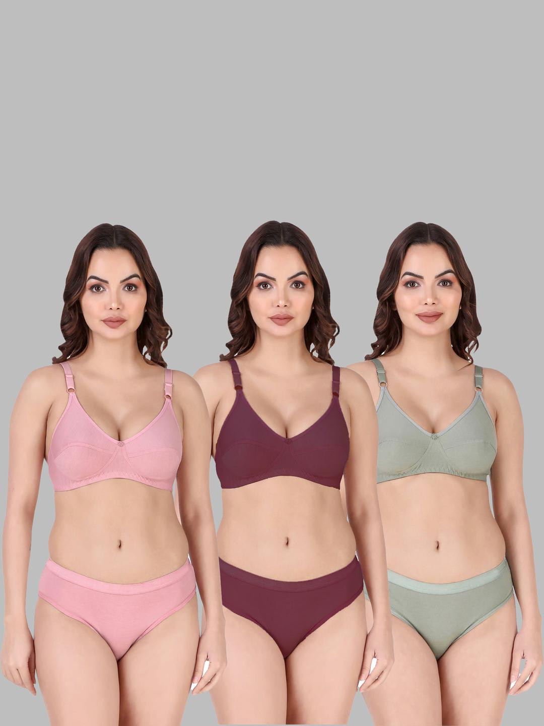 Women Pink,Maroon,Green Cotton Bra Panty Set for Lingerie Set Undergarments Pack of 3