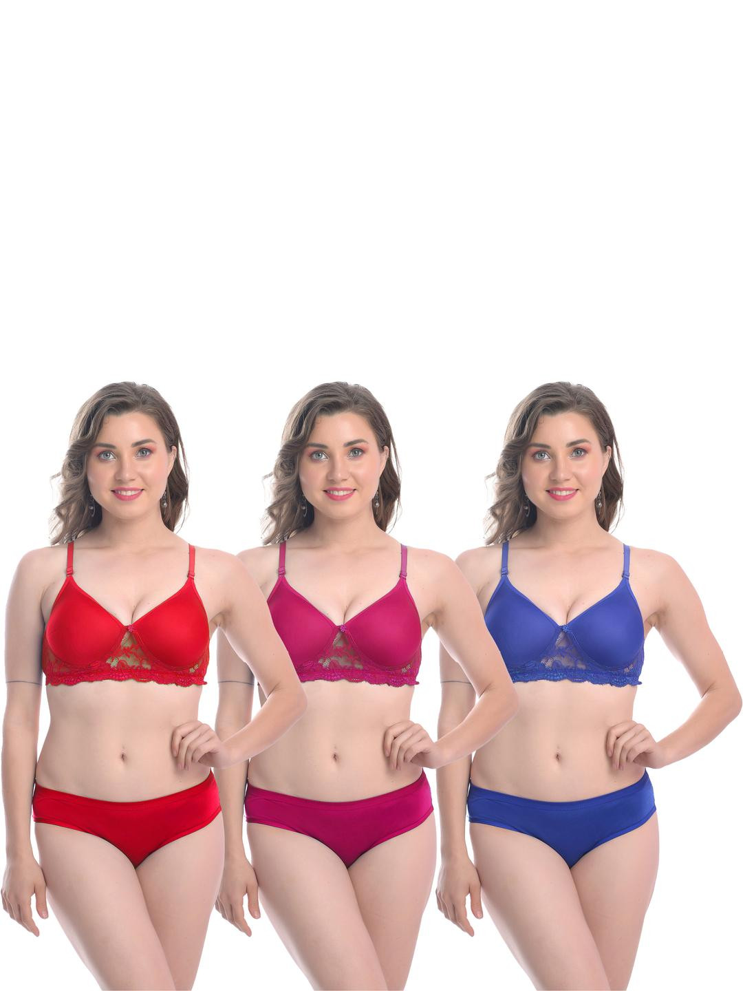 Women Red,Pink,Blue Cotton Bra Panty Set for Lingerie Set Undergarments Pack of 3