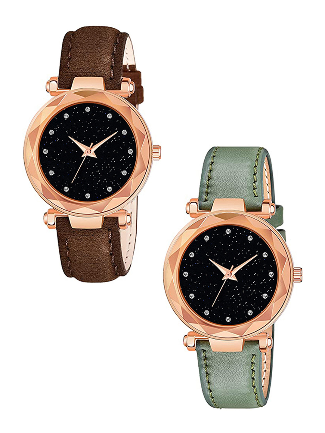 Gopal Shopcart Unisex Pack Of 2 Embellished Dial Analogue Watch GR379RG 12D BRO Vel GRE L