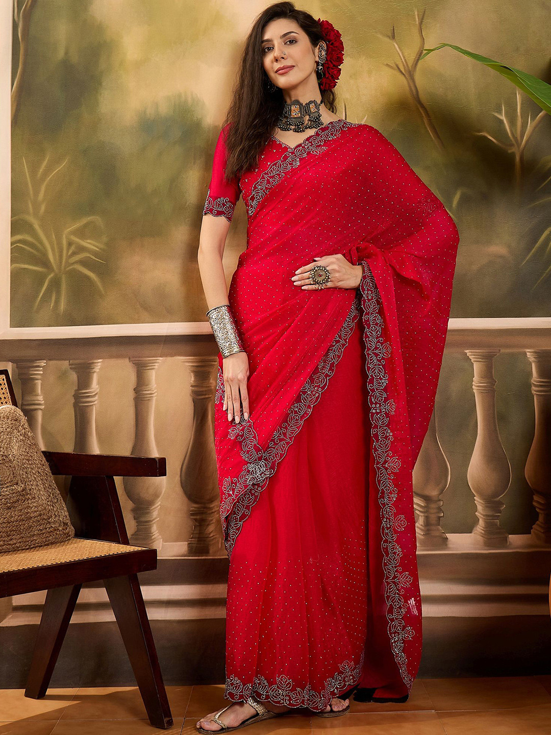 Sangria Stone Work Embellished Saree With Unstitched Blouse