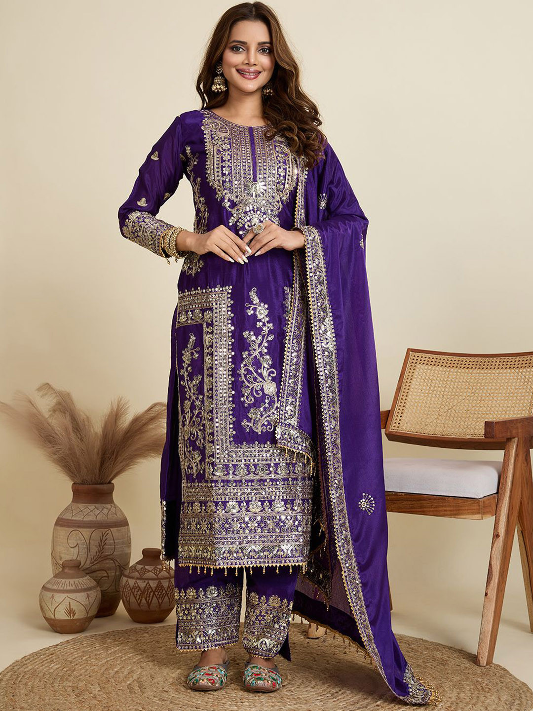 AKSHARAM Floral Embroidered Sequinned Straight Kurta With Trousers & Dupatta
