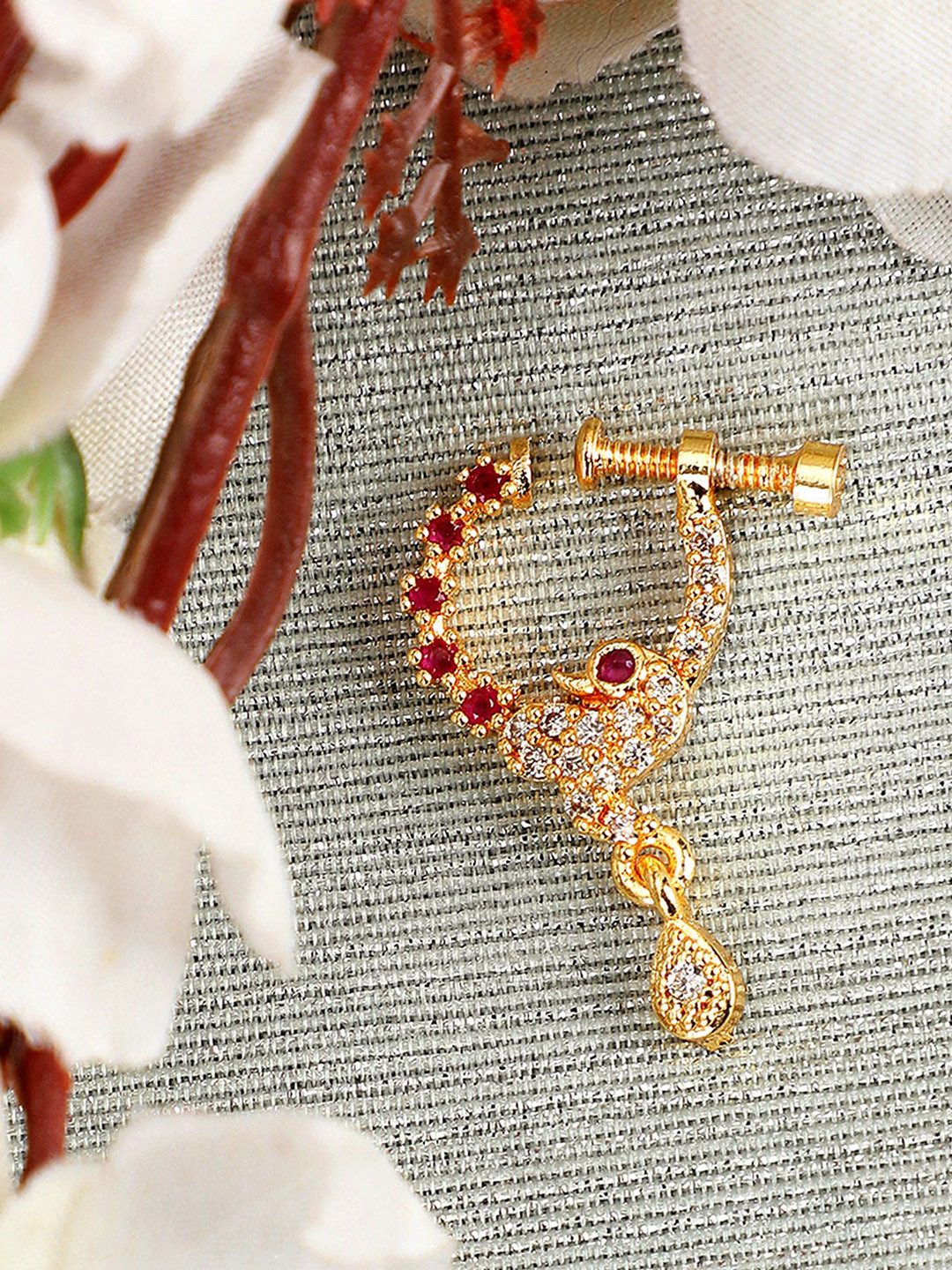 Opal Touch Gold-Plated Cubic Zirconia Studded Bird Face Ring Nosepin