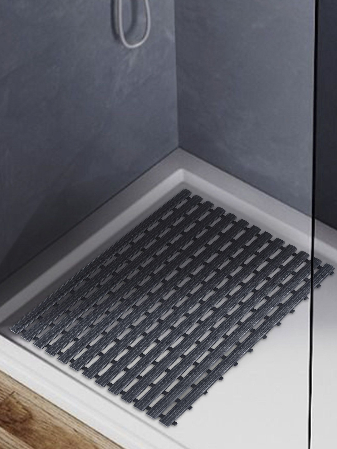 OBSESSIONS Black Striped 110 GSM Anti-Skid Bath Rugs