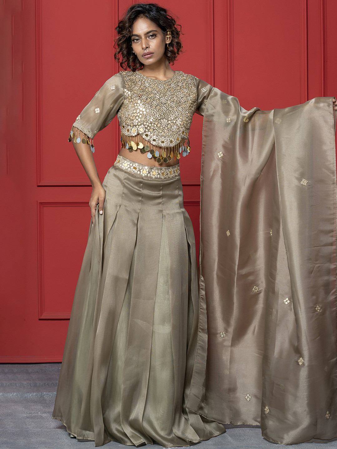 GloballyRonakRBafna Mirror Work Ready to Wear Organza Lehenga & Blouse With Dupatta