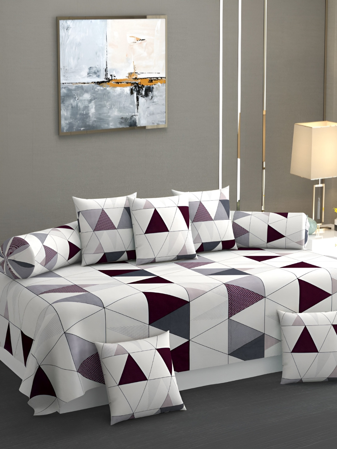 AMRANGE White & Grey 8 Pieces Geometric Printed Bedsheet with Bolster and Cushion Covers