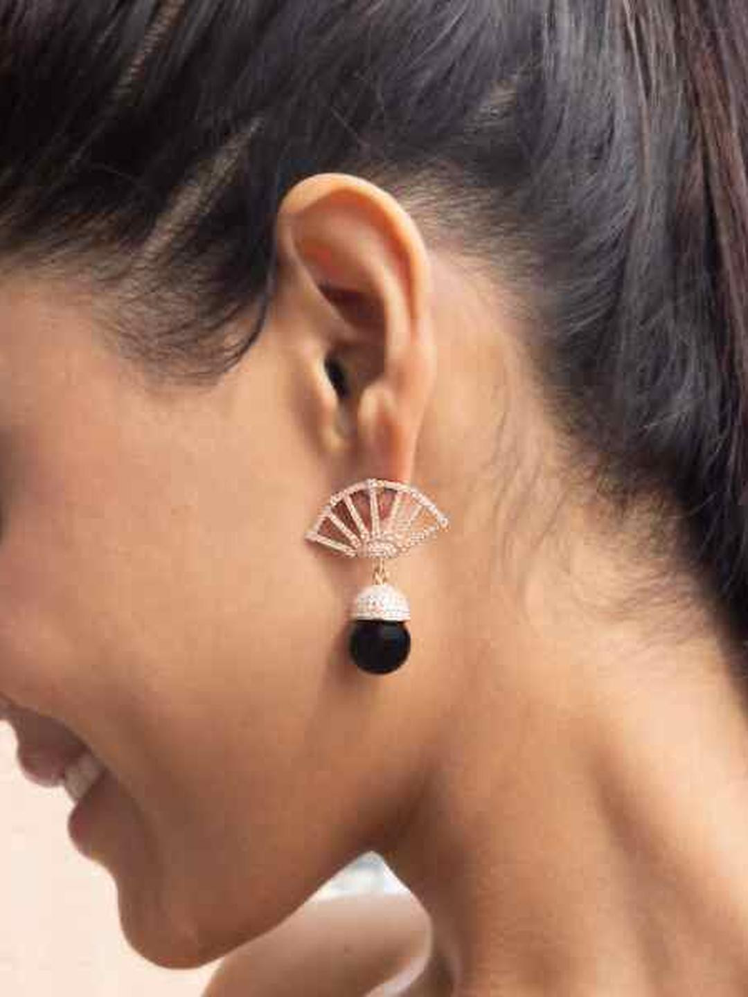 Black Pearl Japanese Rose Gold Fan Earrings on Pure 925 Silver
