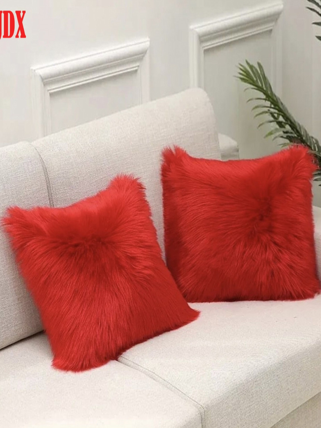 JDX Red 2 Pieces Fur Square-Shaped Microfibre Cushions