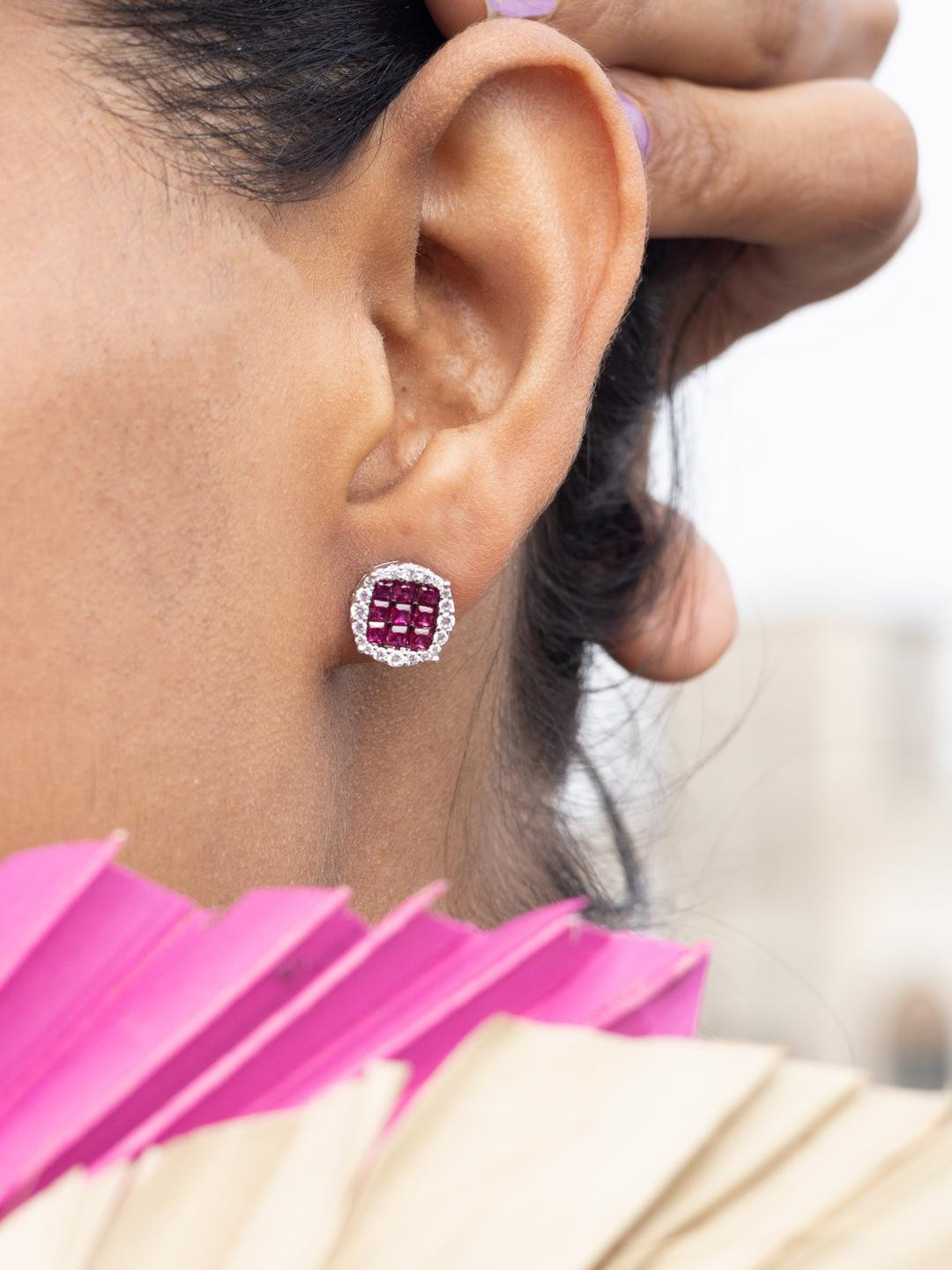 Ruby Raffle Diamond Studs on Pure 925 Silver