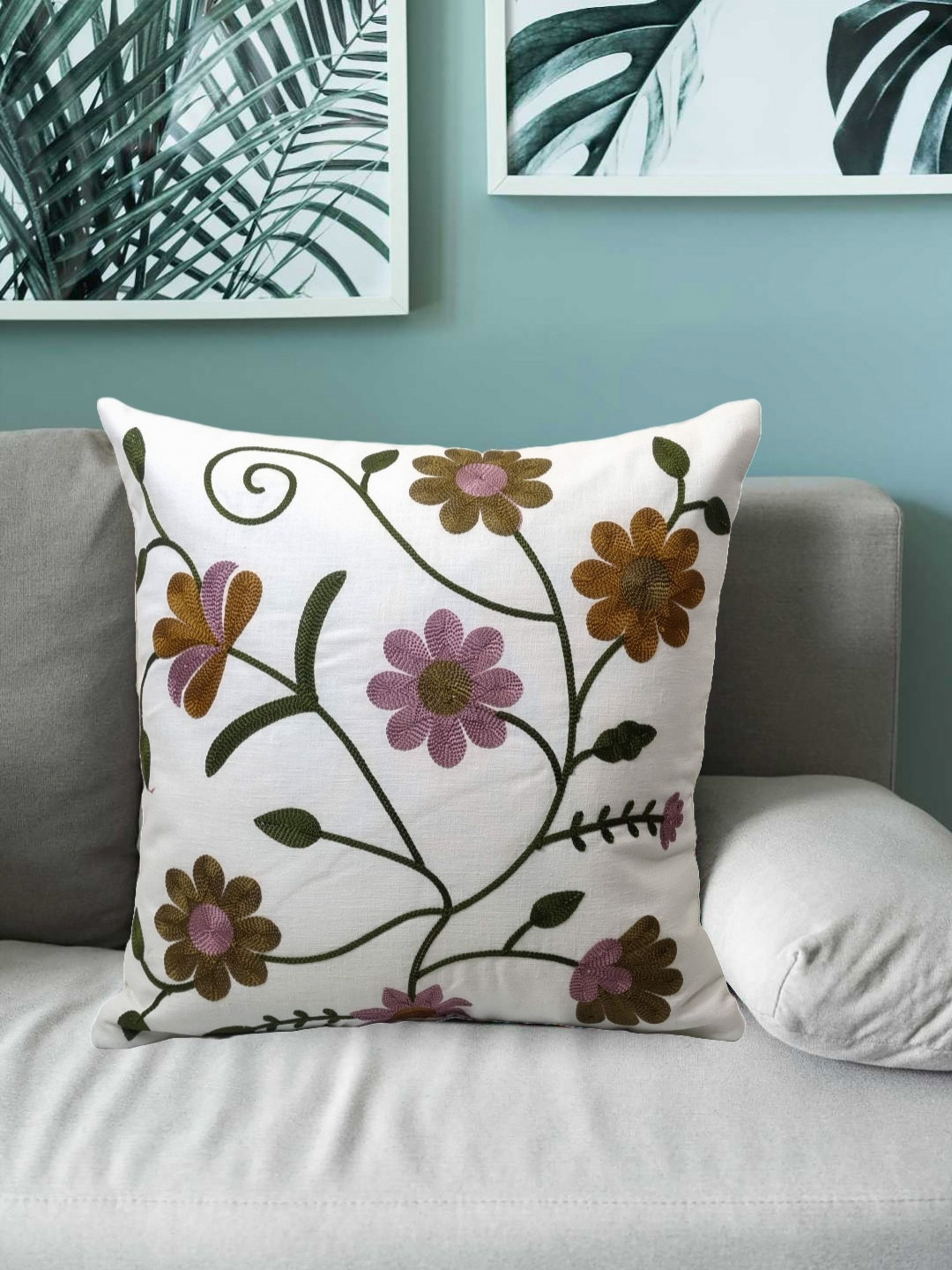 Vinayaka Fab White & Brown Embroidered Square Cushion Covers