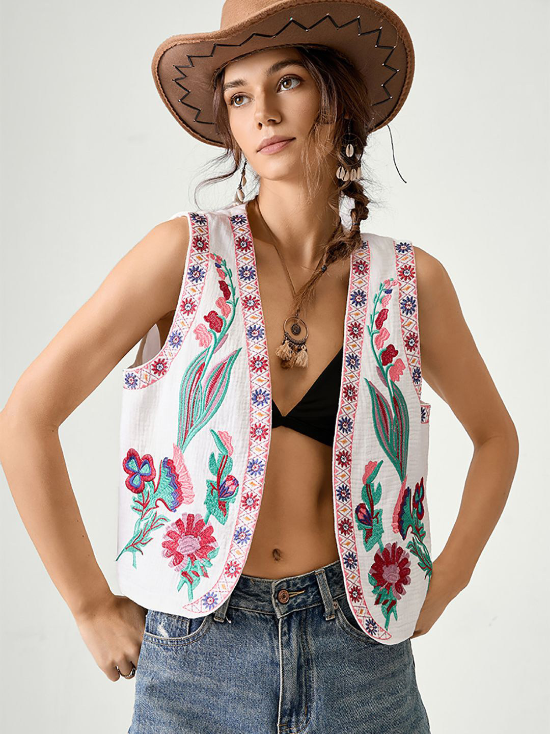 StyleCast Floral Embroidered Sleeveless Collarless Open Front Cotton Jacket With Patchwork