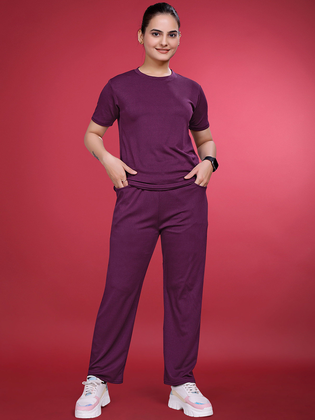 JK Creation Women Round Neck T-Shirt With Trouser Co-Ords