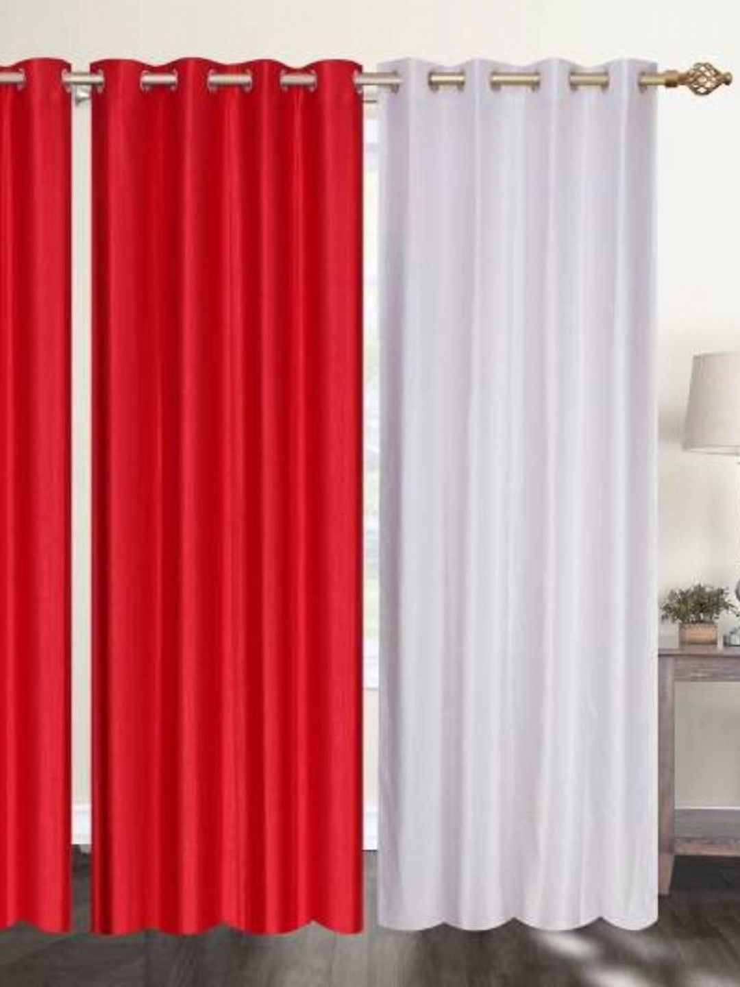 BELLA TRUE 4 Pieces Red & White Black Out Window Curtains