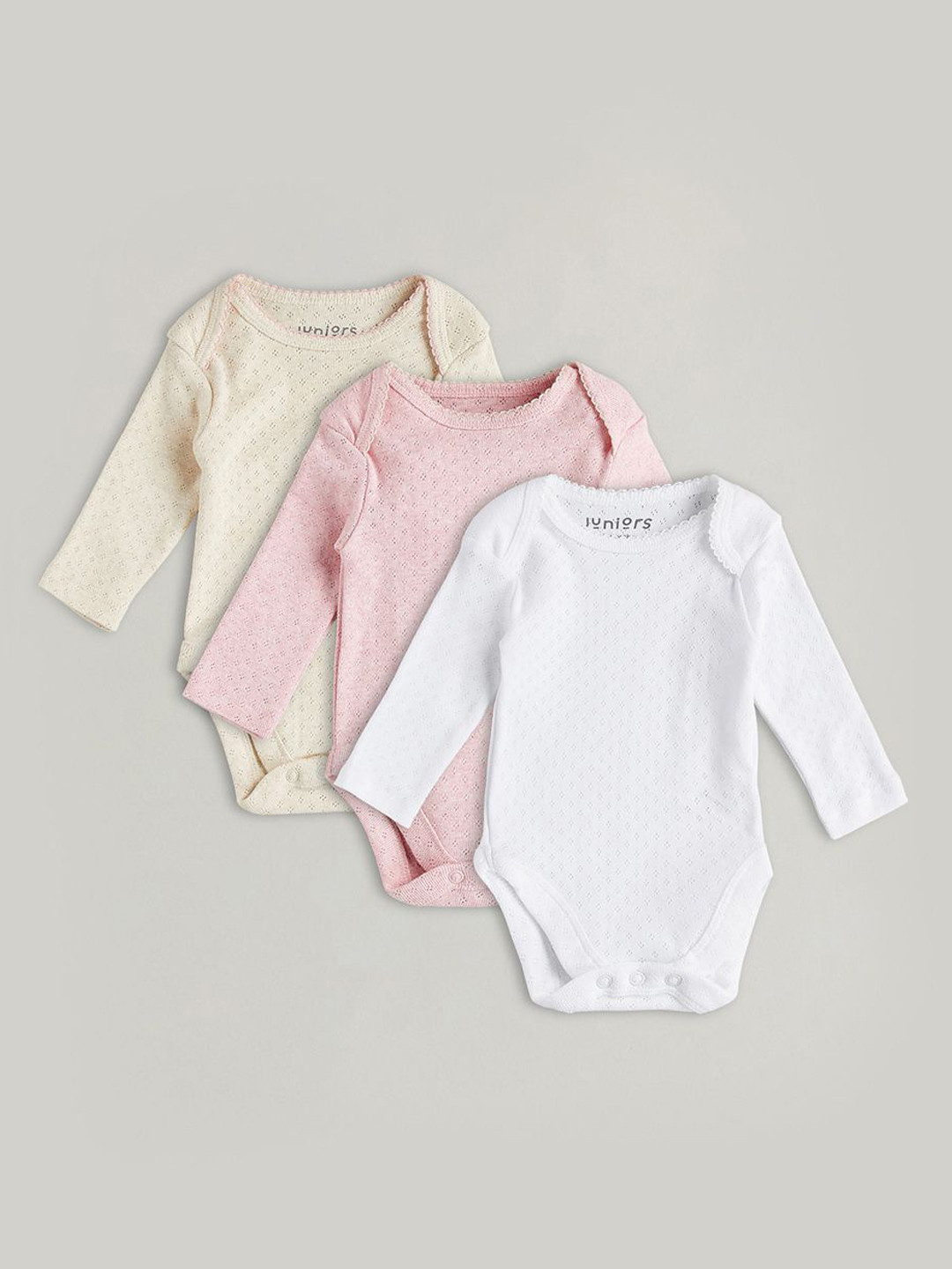 Juniors by Babyshop Girls Pack Of 3 Textured Cotton Long Sleeves Bodysuits