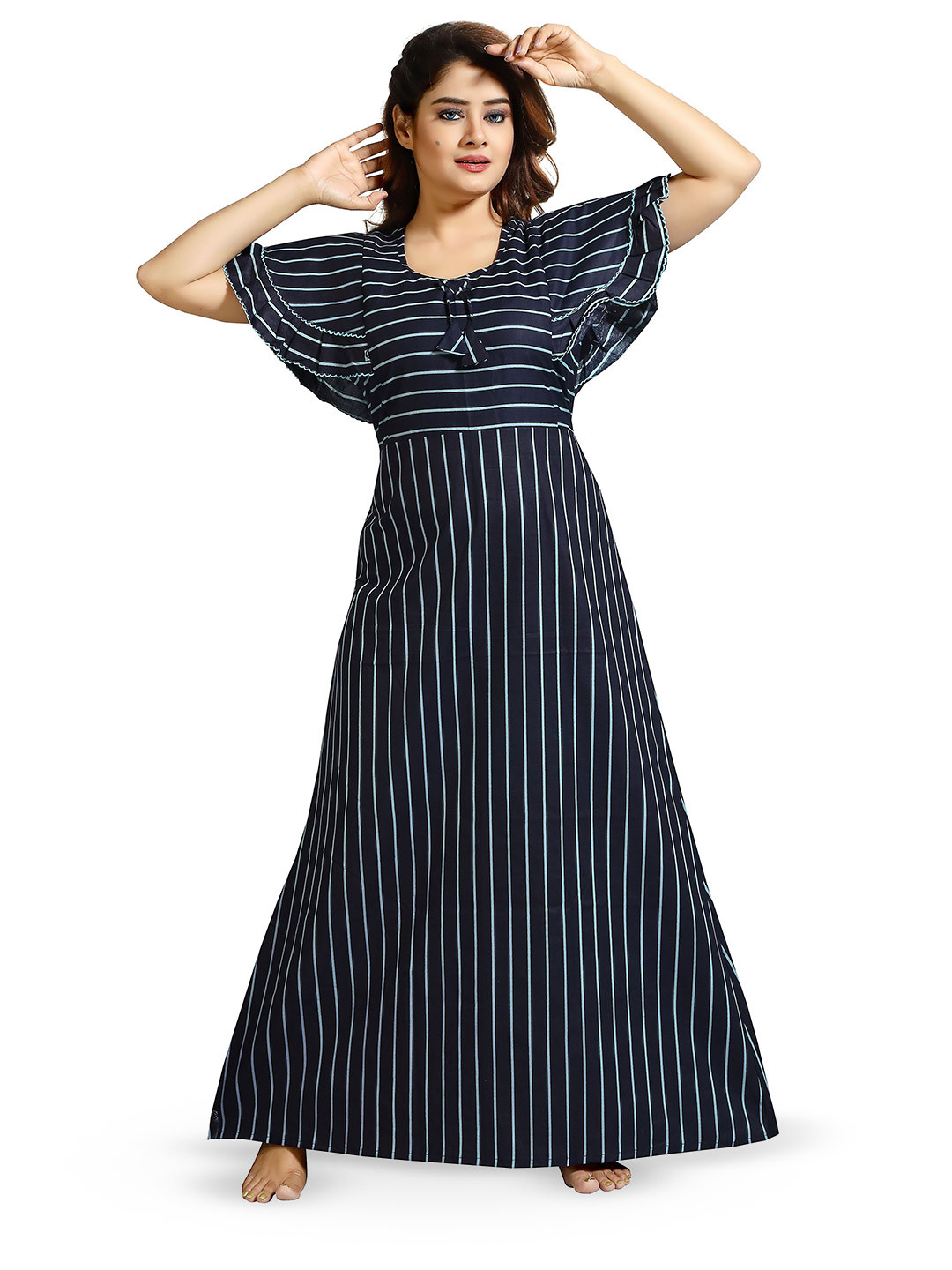 NIGHTY KING Women Striped Maxi Nightdress