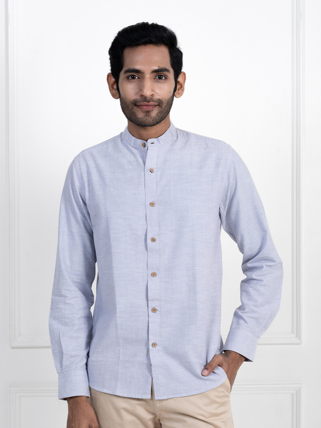 Earthy Route Band Collar Cotton Formal Shirt