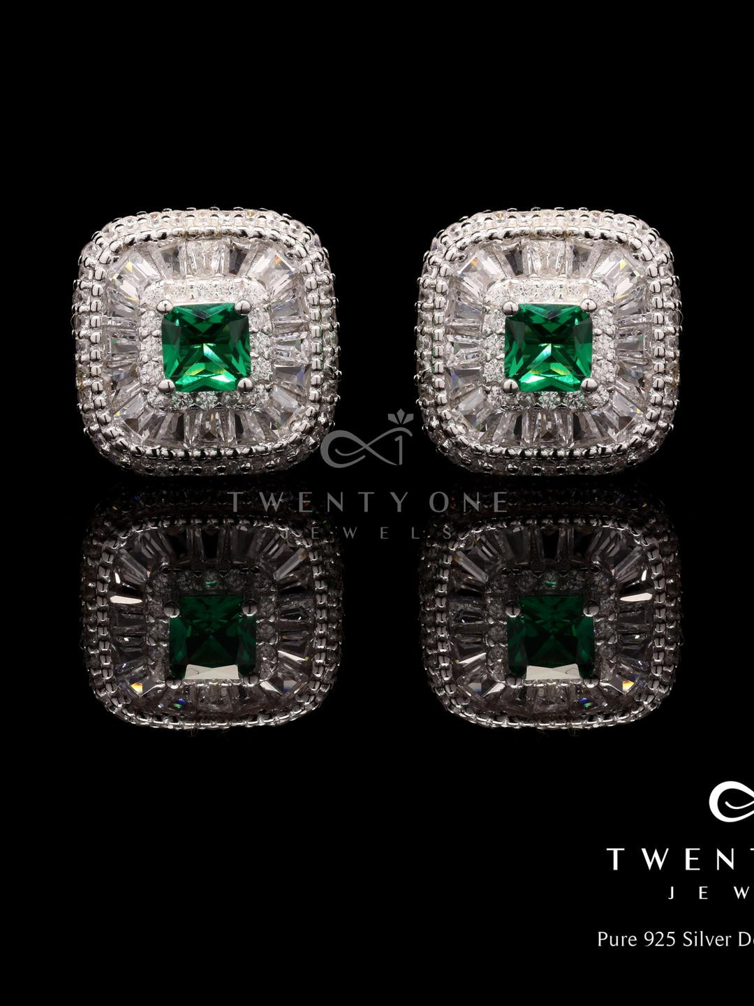American Diamond Maharani Sehnat Green Emerald Studs on Pure 925 Silver