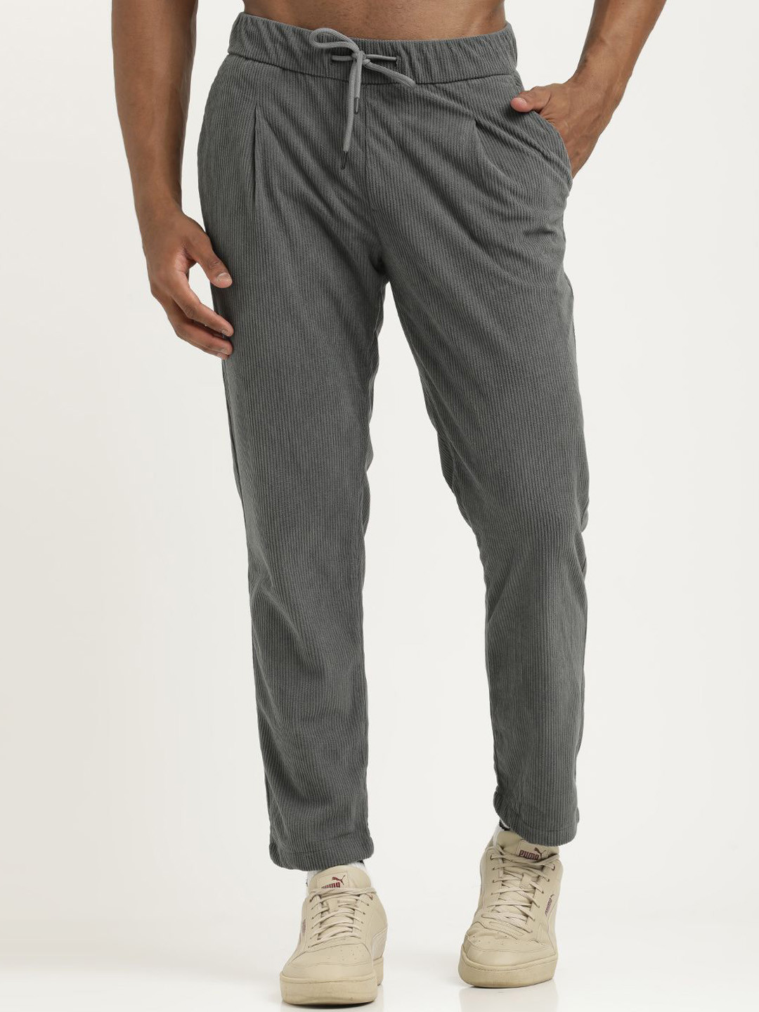 Blu MNKY Men Striped Smart Corduroy Pleated Trousers