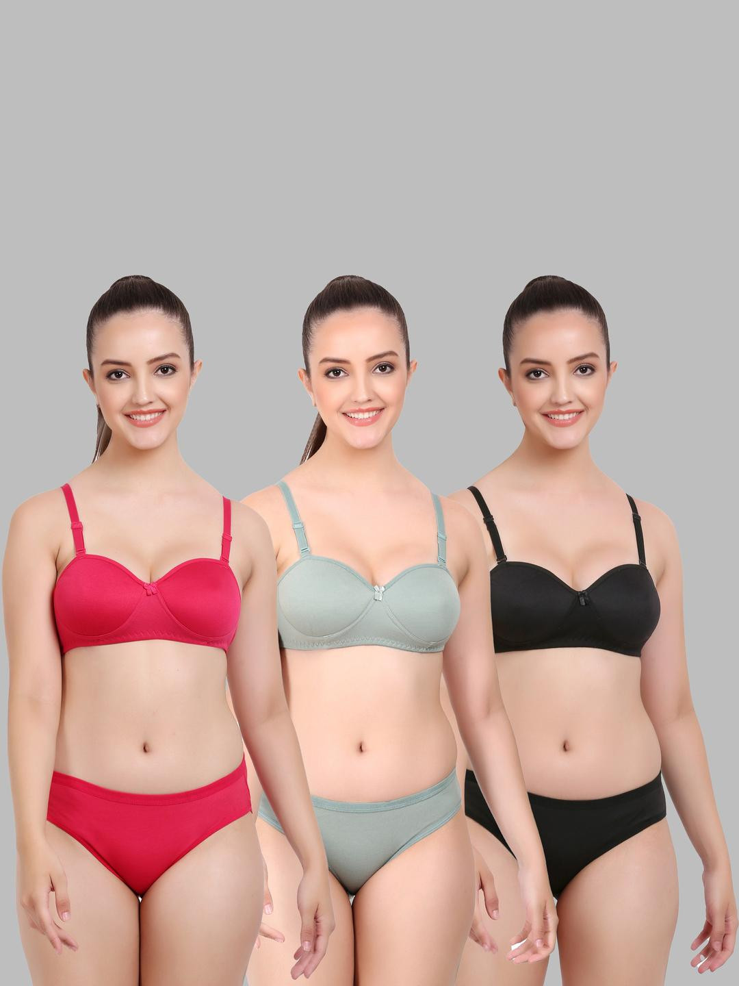Women Red,Green,Black Cotton Bra Panty Set for Lingerie Set Undergarments Pack of 3