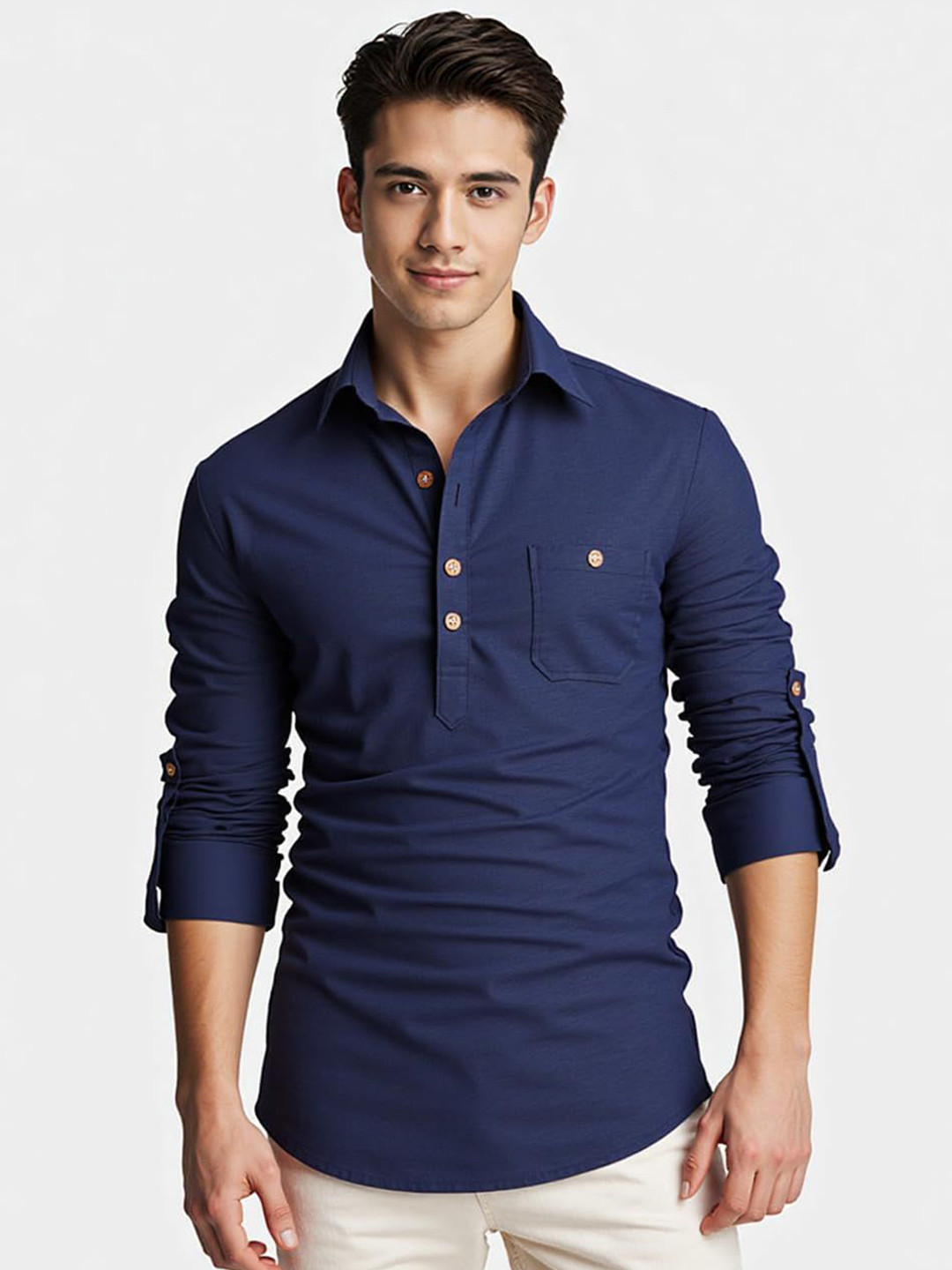 Vida Loca Shirt Collar Roll-Up Sleeves Cotton Straight Kurta