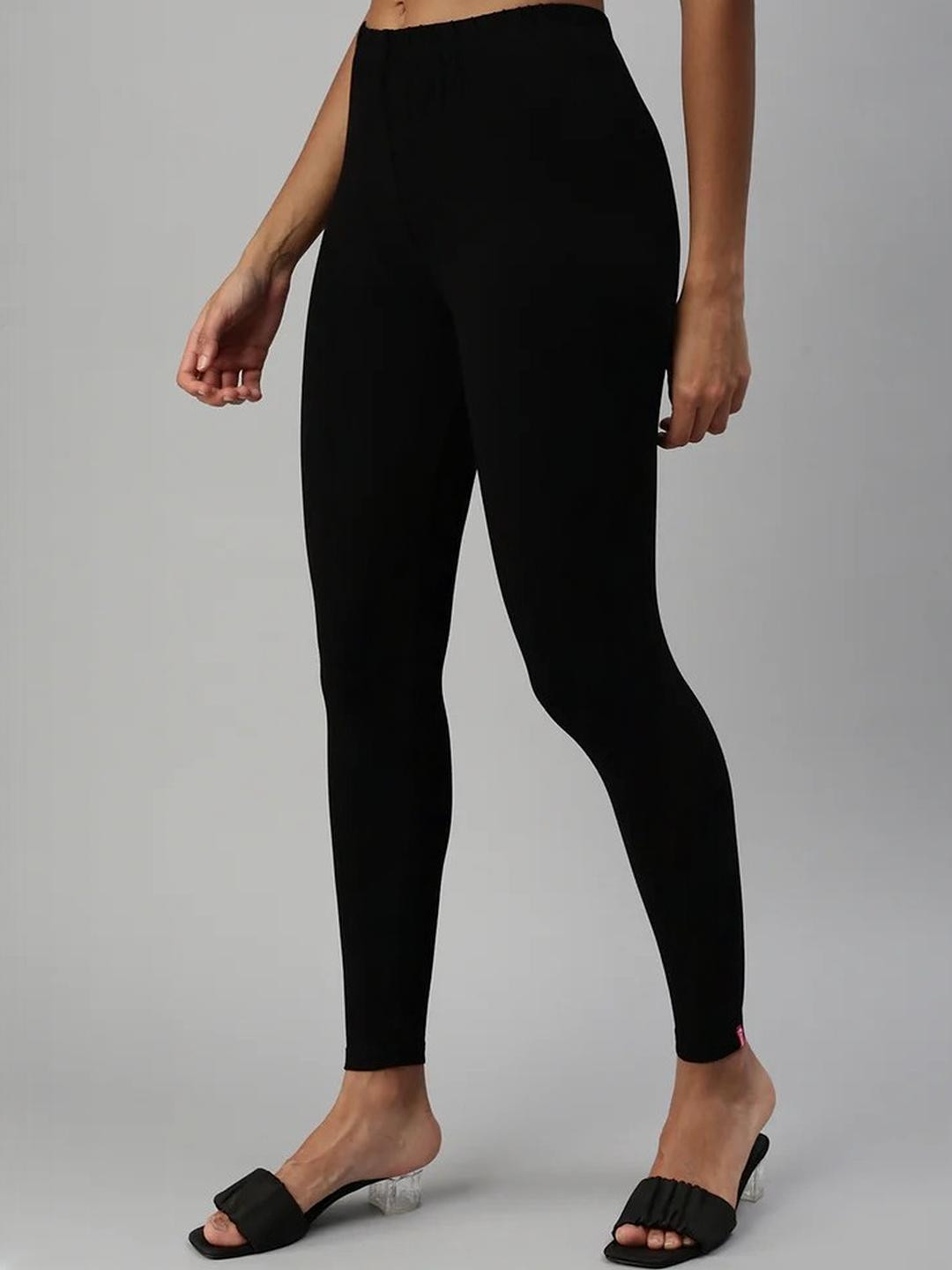 Women's Solid Mid Rise Ankle Length Leggings Black