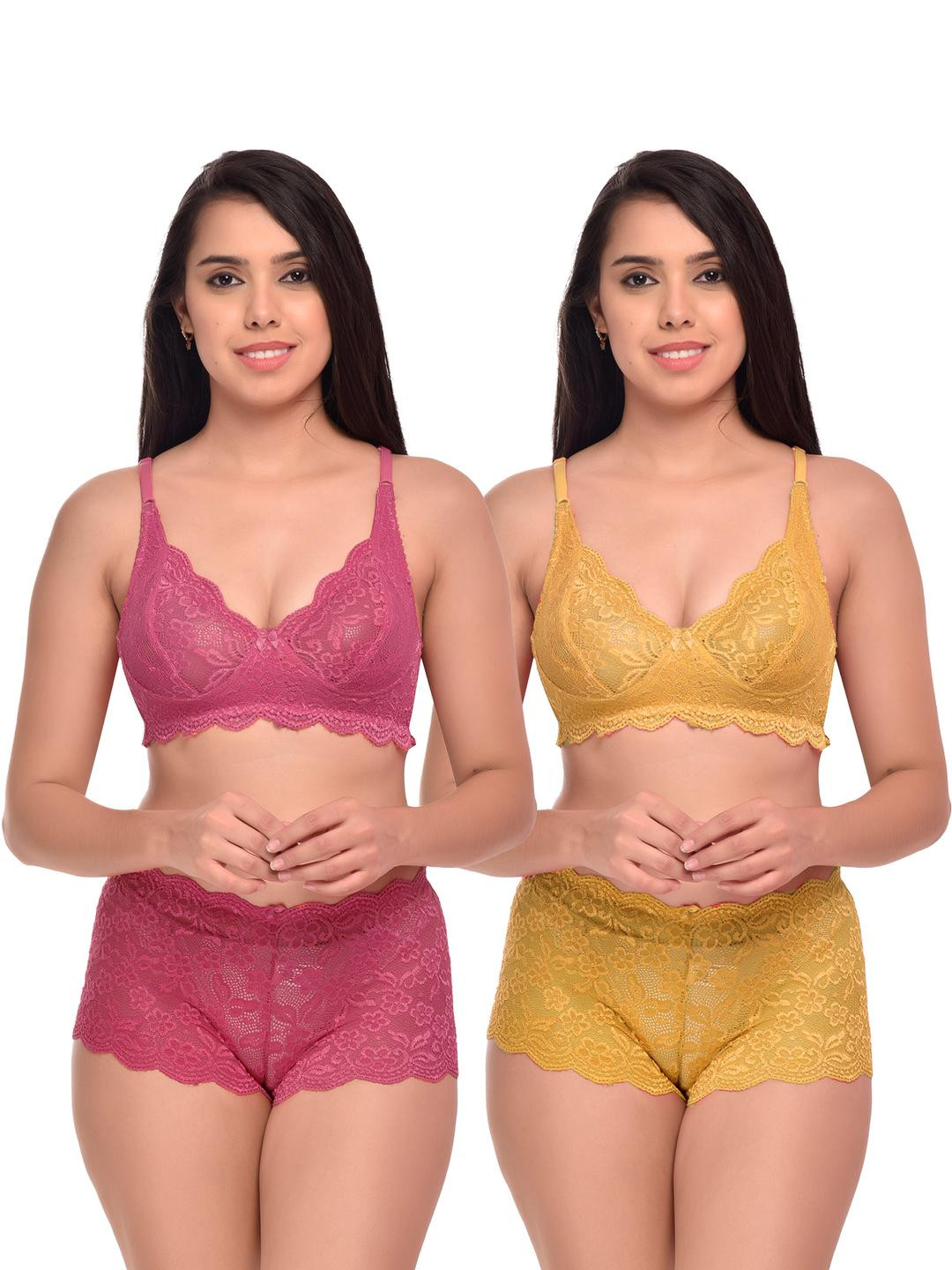 Women Pink,Yellow Net Bra Panty Set for Lingerie Set Undergarments Pack of 2