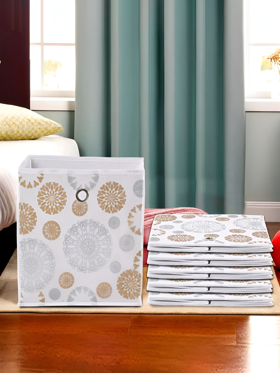 Aura White 6 Pieces Non-Woven Printed Foldable Square Drawer Organisers