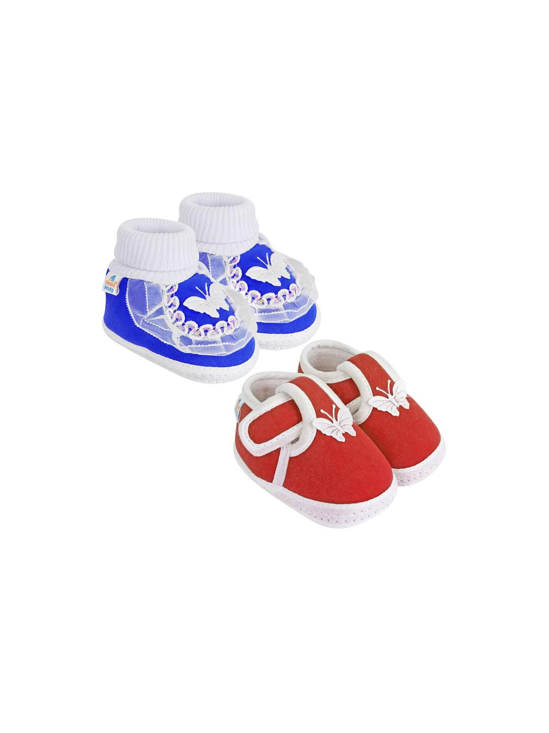 Neska Moda 3 To 12 Month Cotton Newborn Baby Booty 2 Pair Set Soft Butterfly Walking Shoe Booties (Toe to Heel Length - 12 cm, Maroon, Blue)