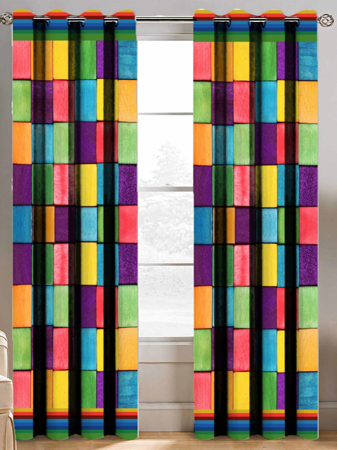 BELLA TRUE Red & Pink 2 Pieces Checked Black Out Door Curtain