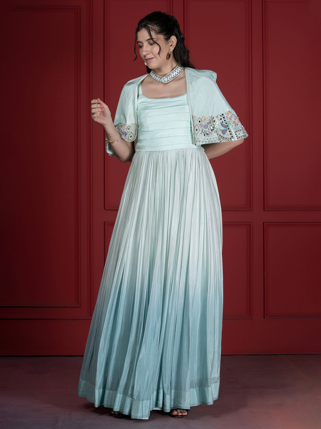 GloballyRonakRBafna Women Ombre Gathered or Pleated Crepe Gown Dress with Jacket