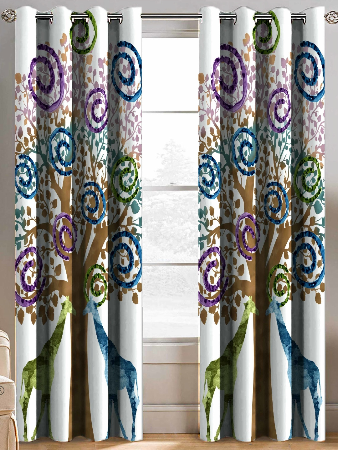 BELLA TRUE White And Blue 2 Pieces Floral Printed Regular Door Curtains