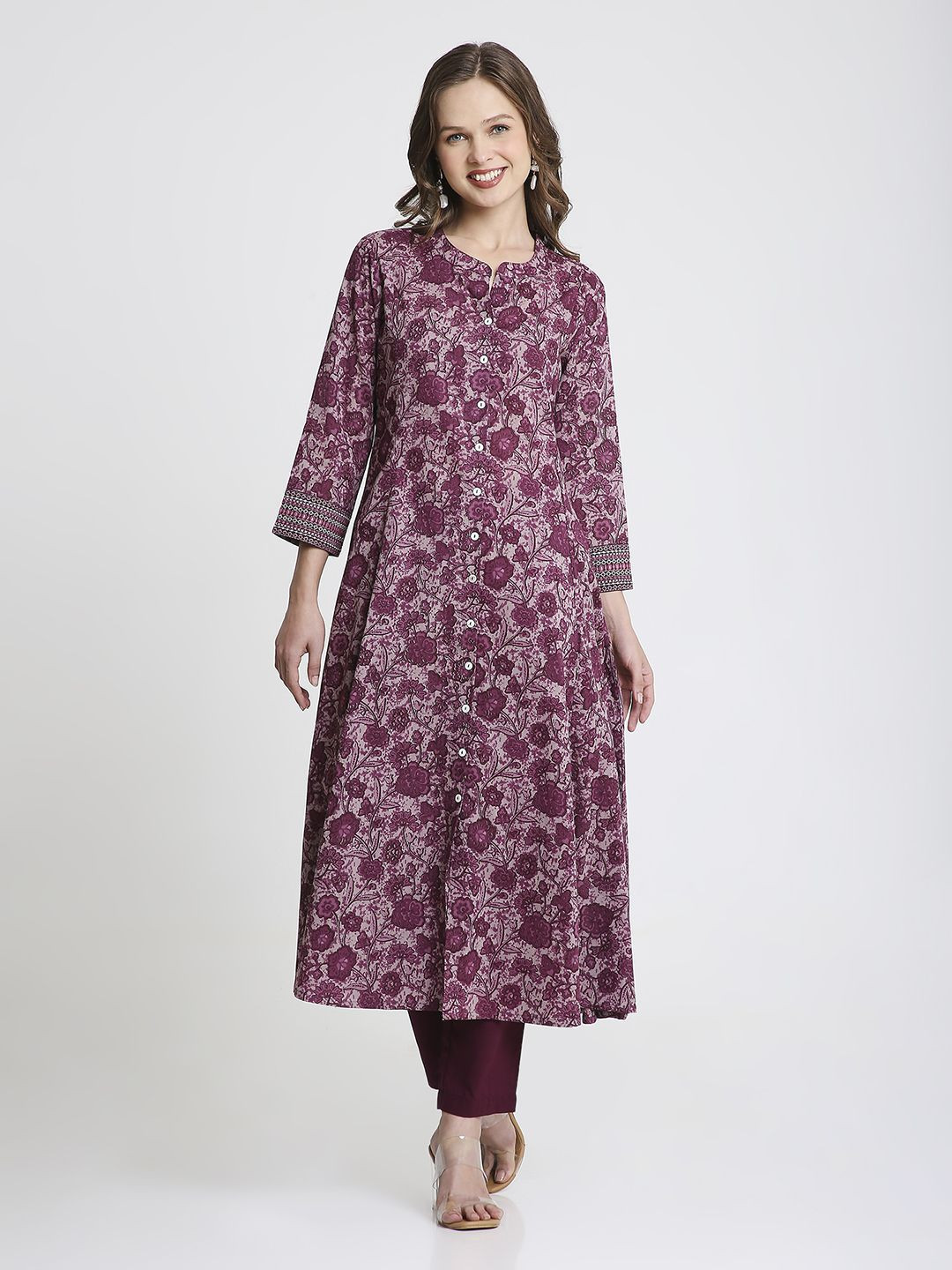 Saffron Threads Floral Printed Pure Cotton Mandarin CollarA-Line Kurta