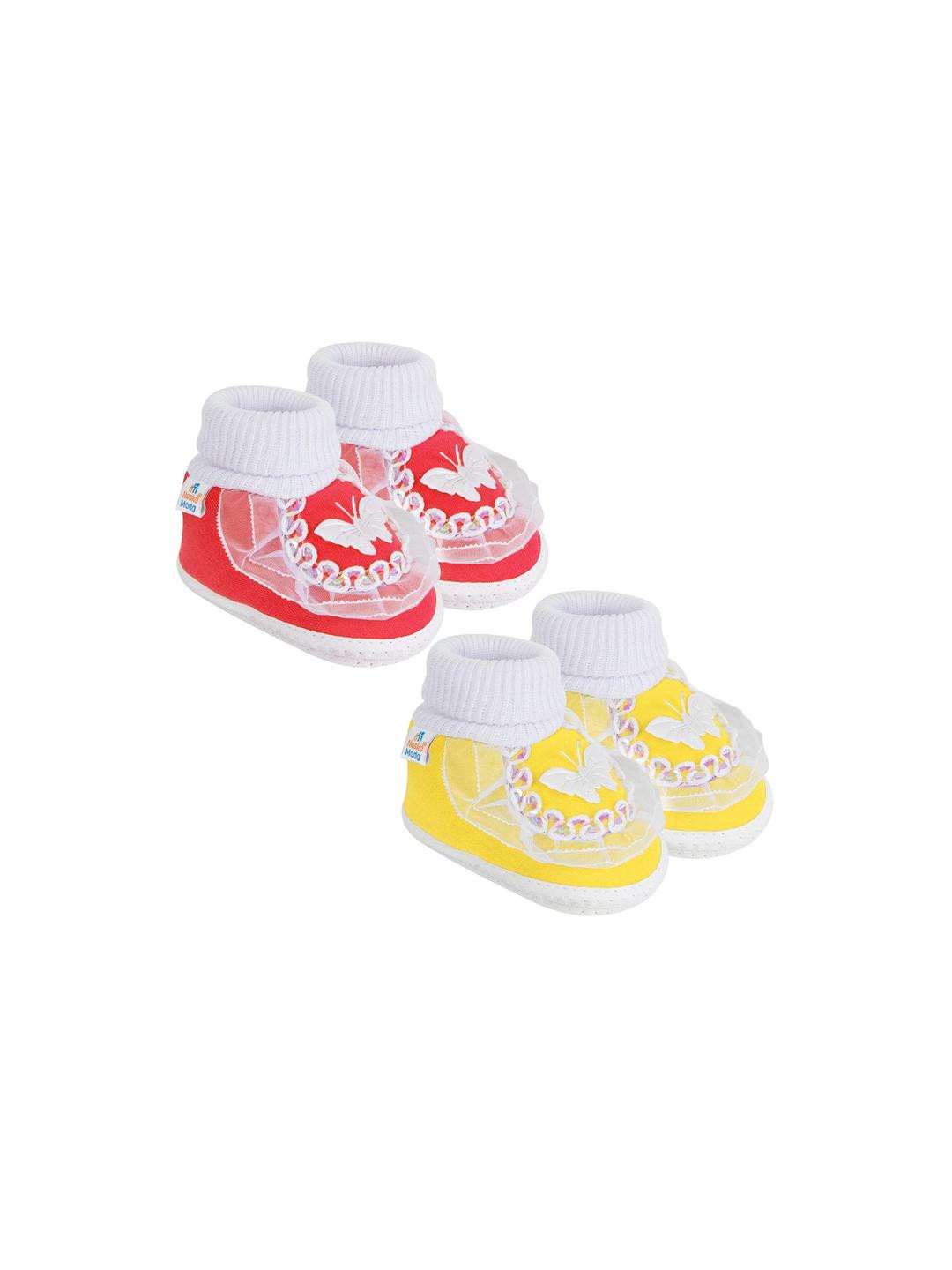 Neska Moda 3 To 12 Month Cotton Baby Booty 2 Pair Combo Skin Friendly Soft Frill Butterfly Booties (Toe to Heel Length - 12 cm, Yellow, Red)