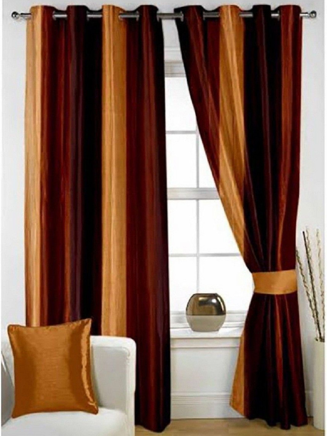 BELLA TRUE Gold-toned & Brown 2 Pieces Ripple Fold Window Curtains