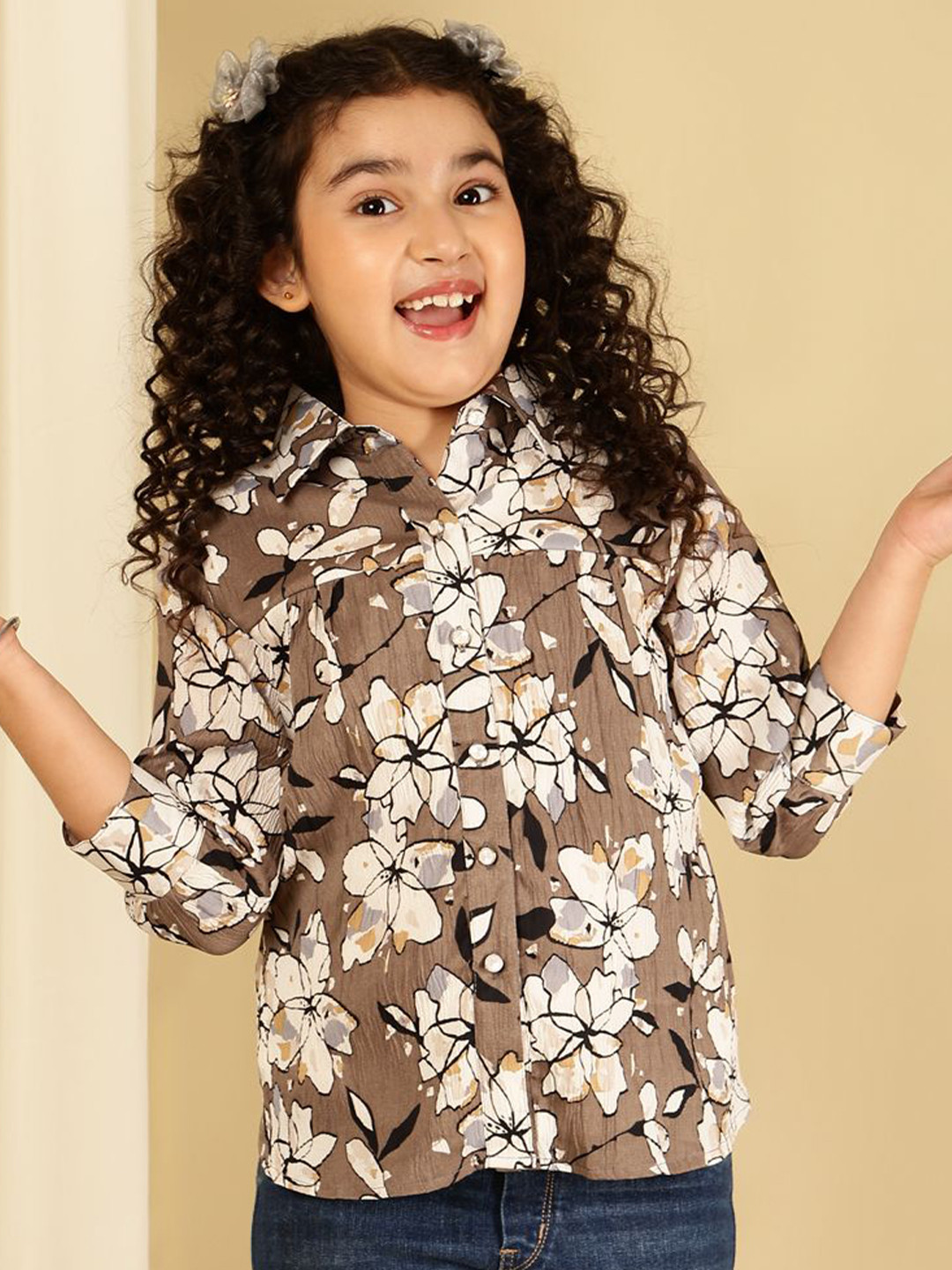 Miss & Chief Girls Floral Printed Gathered or Pleated Cuffed Sleeves Shirt Style Top