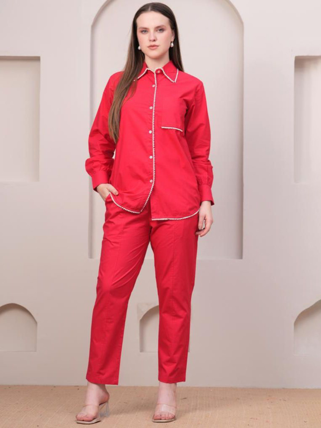 AUTUMN LANE Jayti Scarlet Pure Cotton Shirt Collar Shirt With Trousers Co-Ords Set