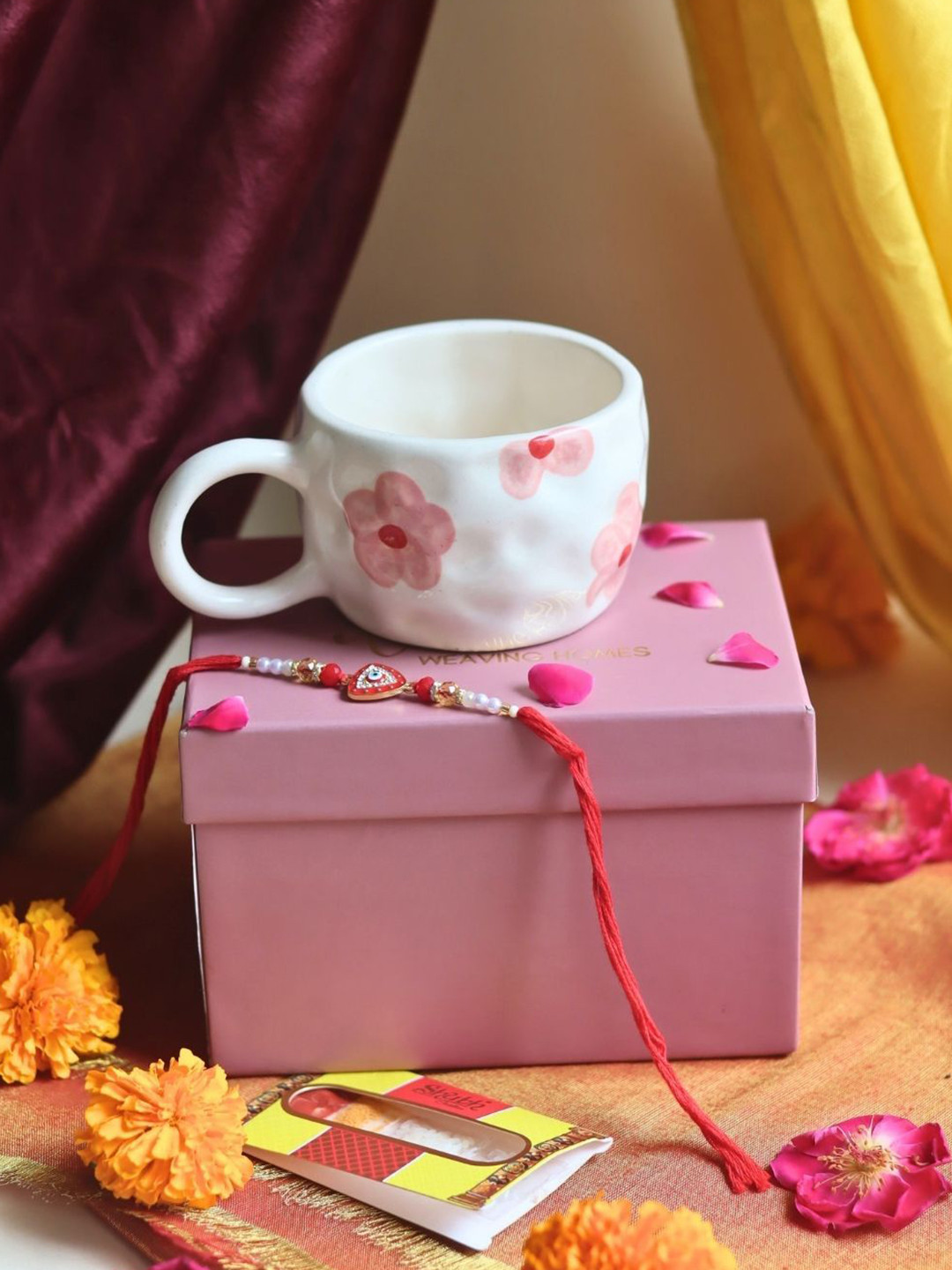 WEAVING HOMES Set of 2 Beaded Thread Rakhi With Floral Bliss Mug