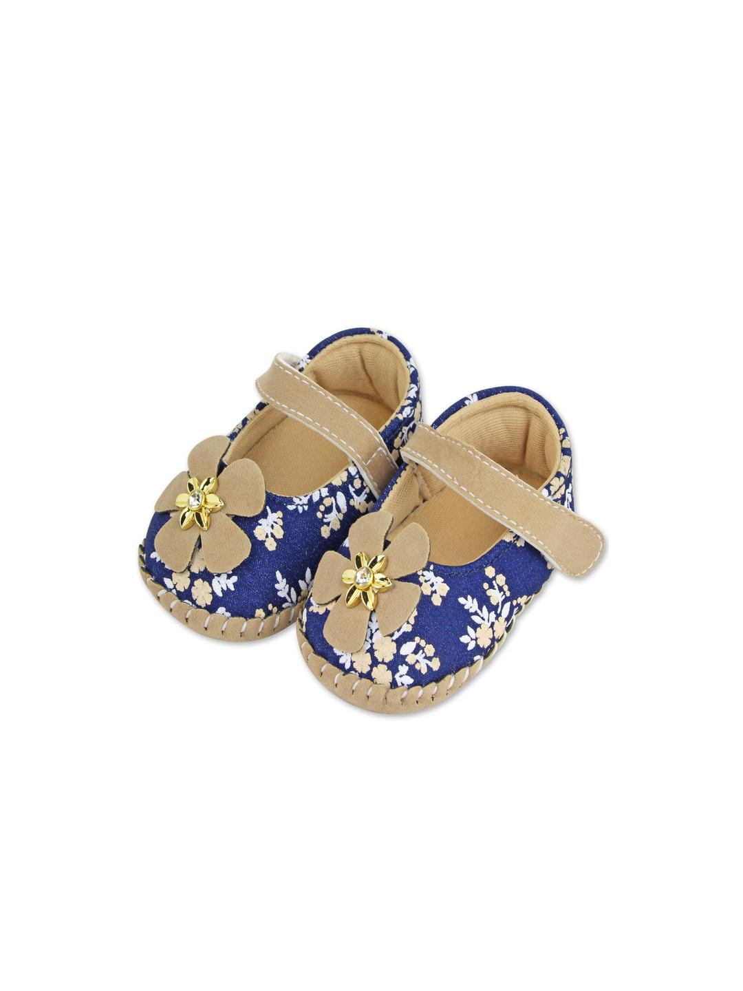 Neska Moda 6 To 12 Months Baby Girls Belly Shoe Fancy Partywear Floral Soft Velcro Sandal Booties (Toe to Heel Length - 12 cm, Beige:Blue)